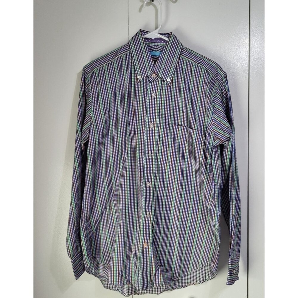 J. McLaughlin Button Down Dress Shirt Men's SZ Small Checkered Colorful Print